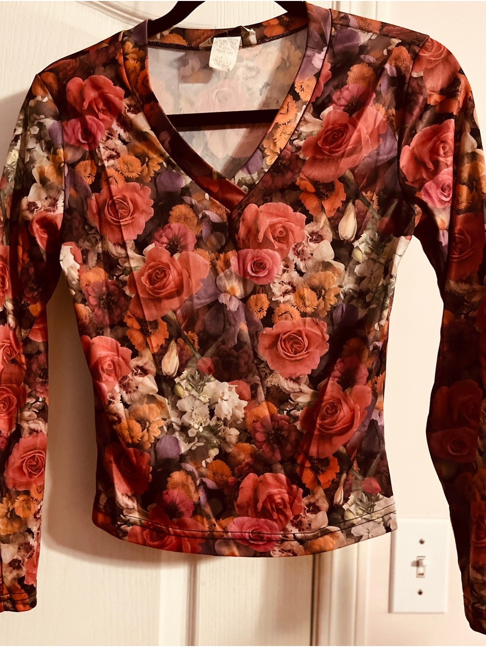 Floral V-Neck Long Sleeve Top - Multicolor Rose Print